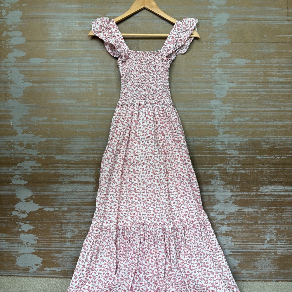 Pukatuka Smocked Midi Dress Red Floral Preppy Boho Beachy Womens XS